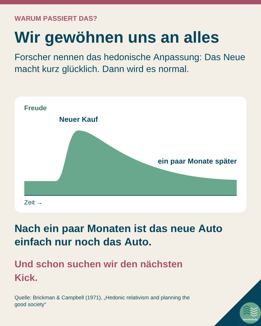 Kurve: Freude steigt beim neuen Kauf stark an und fällt nach ein paar Monaten wieder ab